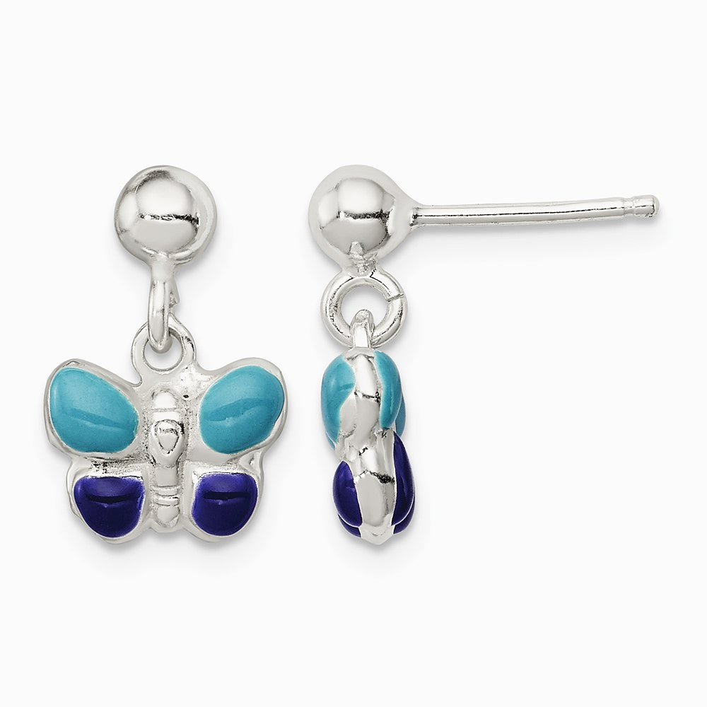Sterling Silver Childrens Blue/Purple Enamel Butterfly Post Dangle Earrings