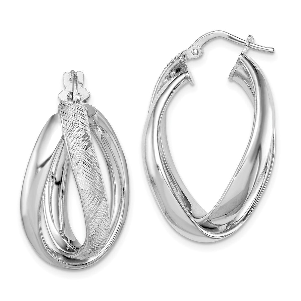 Sterling Silver Rhodium-plated Textured & Twisted Oval Hoop Earrings - Product Photo