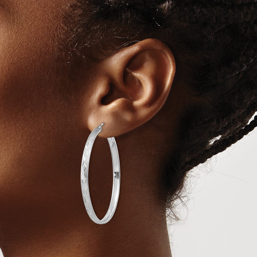 Sterling Silver Rhodium-plated 3mm Satin Diamond-cut Hoop Earrings - Product Photo