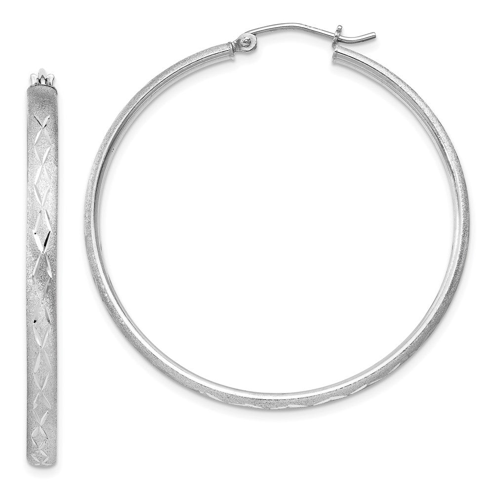 Sterling Silver Rhodium-plated 3mm Satin Diamond-cut Hoop Earrings - Product Photo