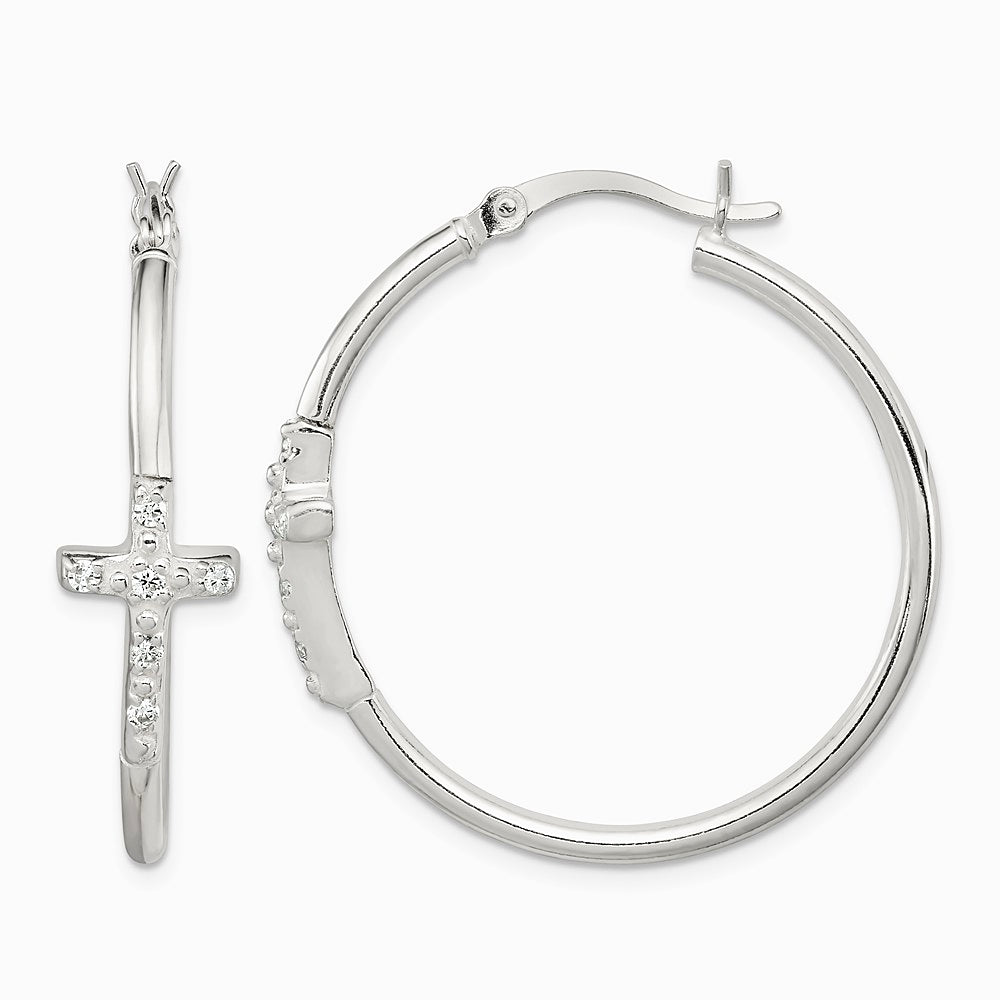 Sterling Silver Polished CZ Cross 2.5mm Round Hoop Earrings
