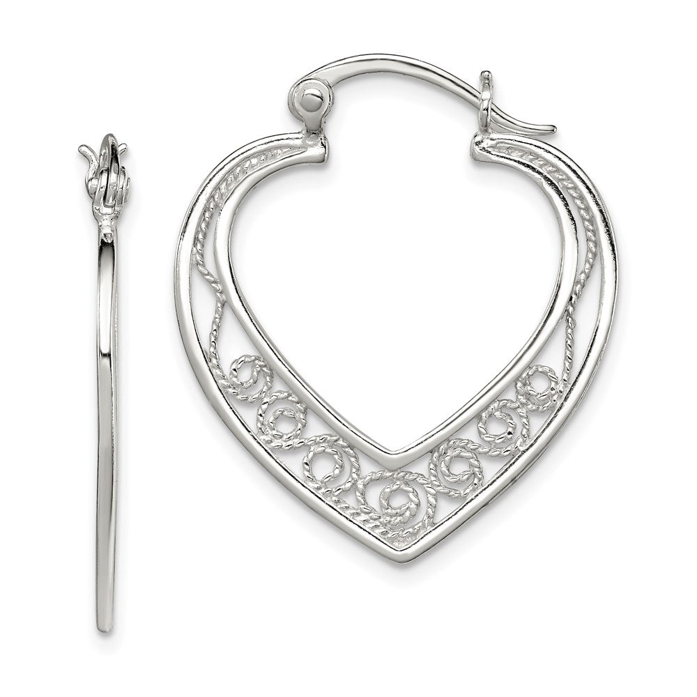 Sterling Silver Polished Filigree Heart Hoop Earrings - Product Photo