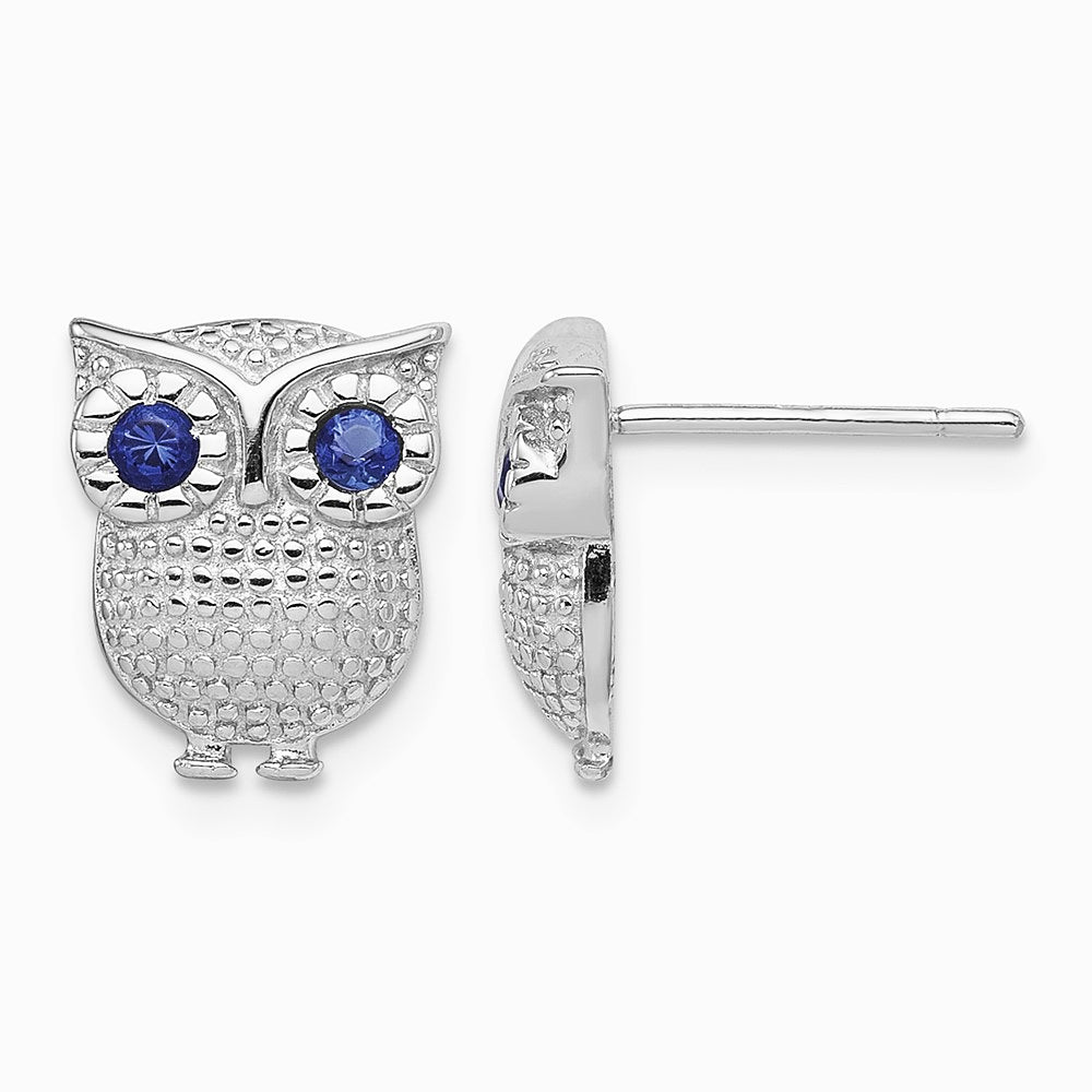 Sterling Silver RH-plated Blue Glass Owl Post Earrings