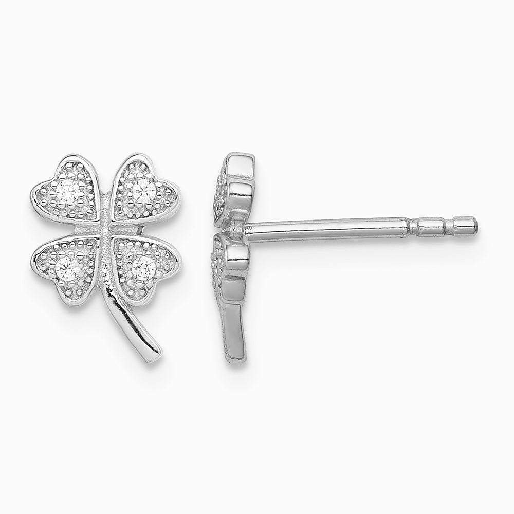 Sterling Silver Rhodium-plated Polished CZ 4 Leaf Clover Post Earrings