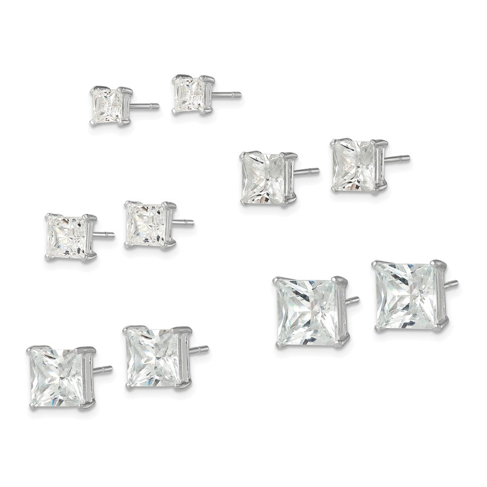 Sterling Silver Polished Square CZ 5-Pair Post Earrings Set - Product Photo