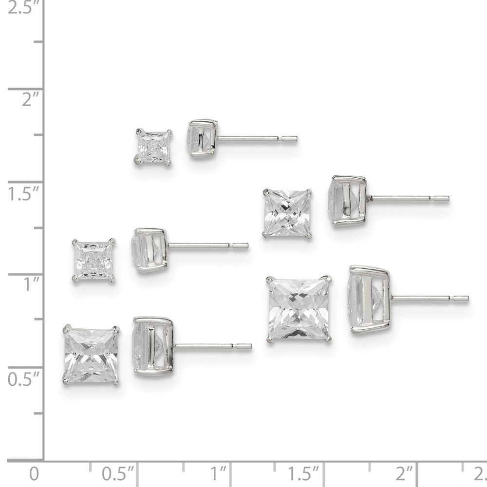 Sterling Silver Polished Square CZ 5-Pair Post Earrings Set - Product Photo