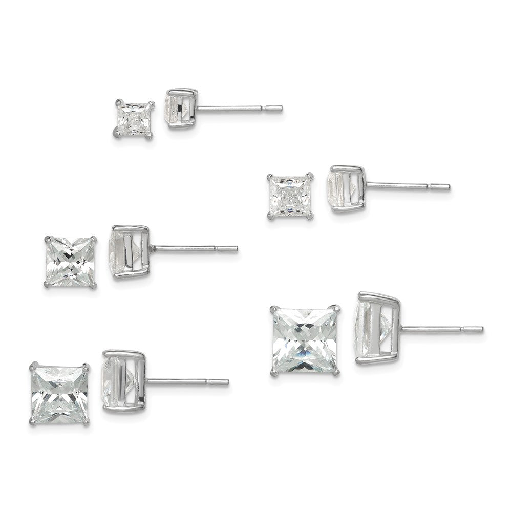 Sterling Silver Polished Square CZ 5-Pair Post Earrings Set - Product Photo