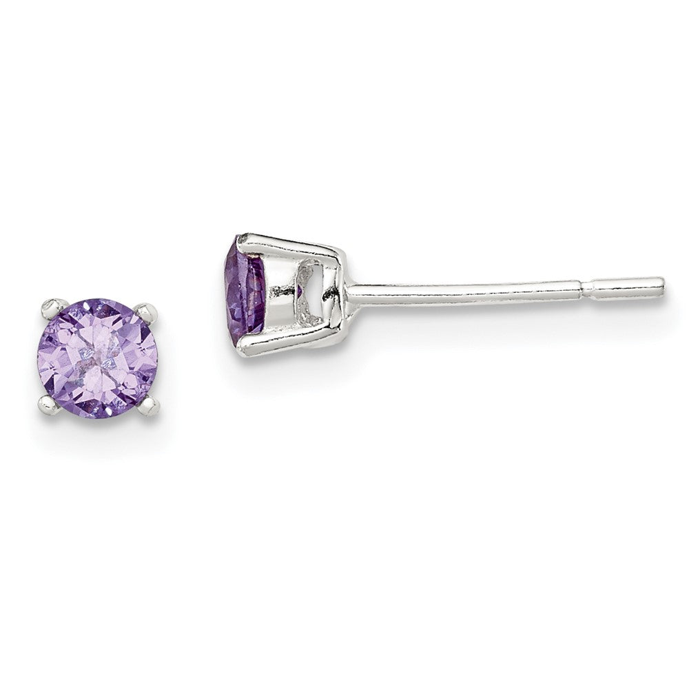 Sterling Silver Polished Round 4mm Purple CZ Stud Earrings - Product Photo