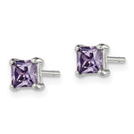 Sterling Silver Polished Square 4mm Purple CZ Stud Earrings - Product Photo