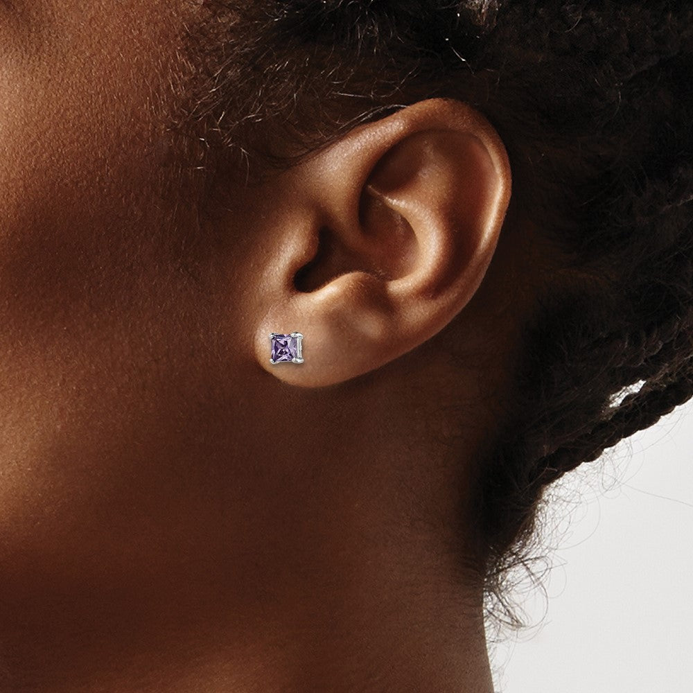 Sterling Silver Polished Square 4mm Purple CZ Stud Earrings - Product Photo