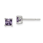 Sterling Silver Polished Square 4mm Purple CZ Stud Earrings - Product Photo