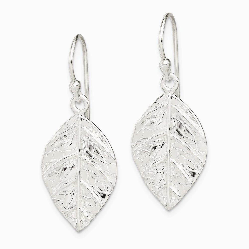 Sterling Silver Leaf Textured Dangle Earrings - Product Photo