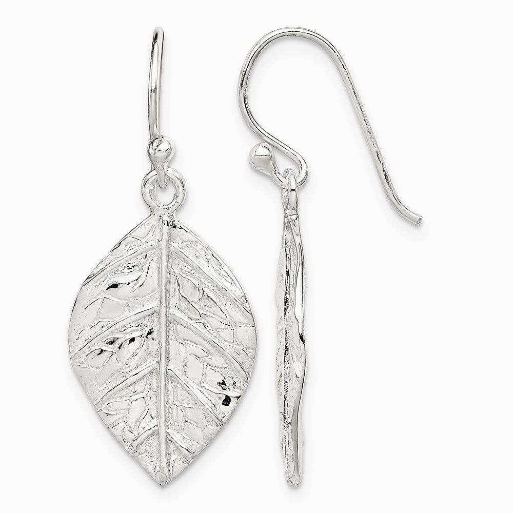 Sterling Silver Leaf Textured Dangle Earrings - Product Photo
