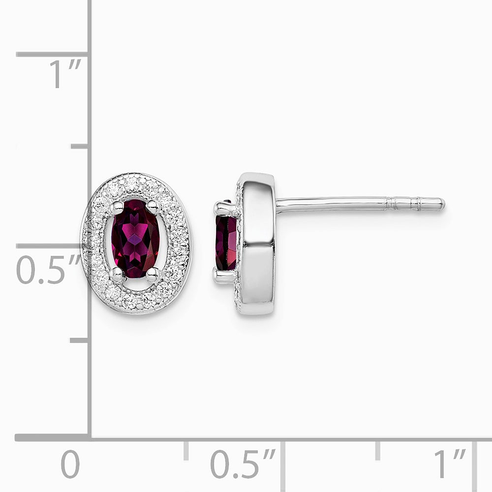 Sterling Silver Rhodium Polished January Red and White CZ Oval Earrings - Product Photo