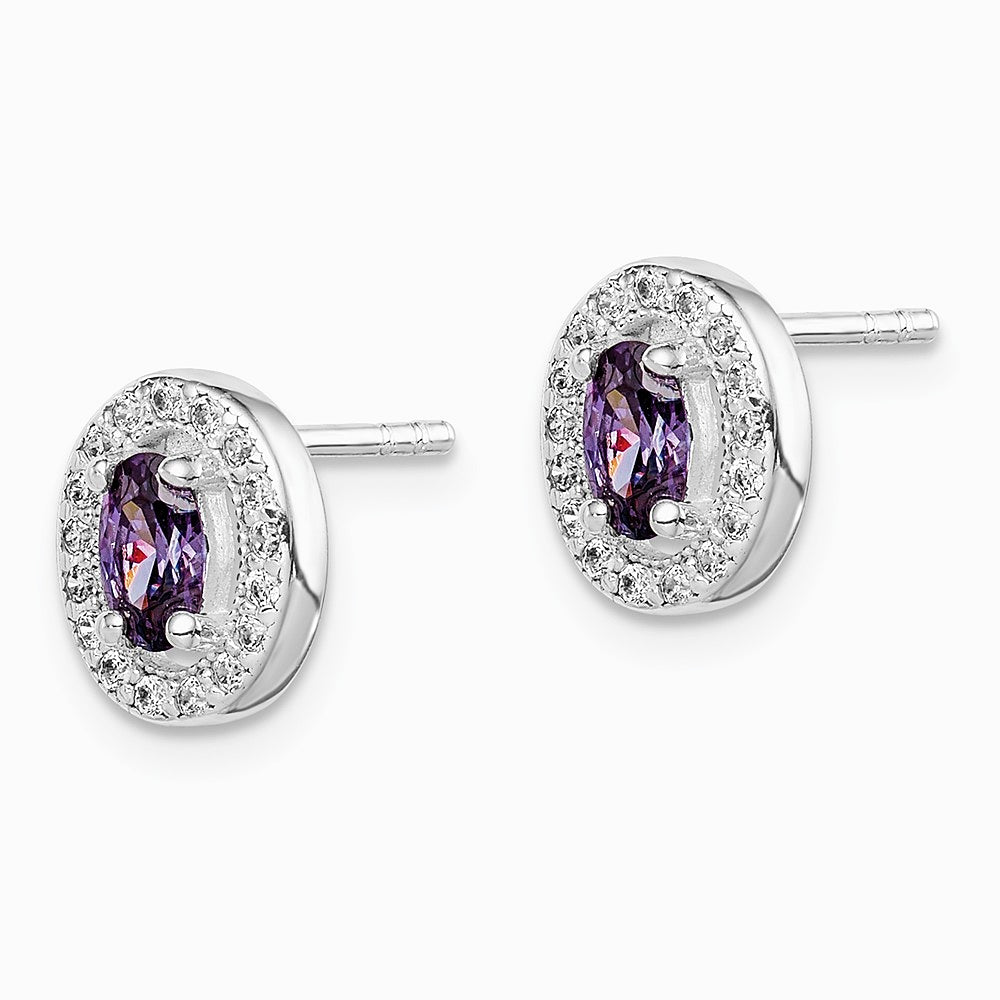Sterling Silver Rhodium-plated w/ Purple and White CZ Oval Stud Earrings - Product Photo
