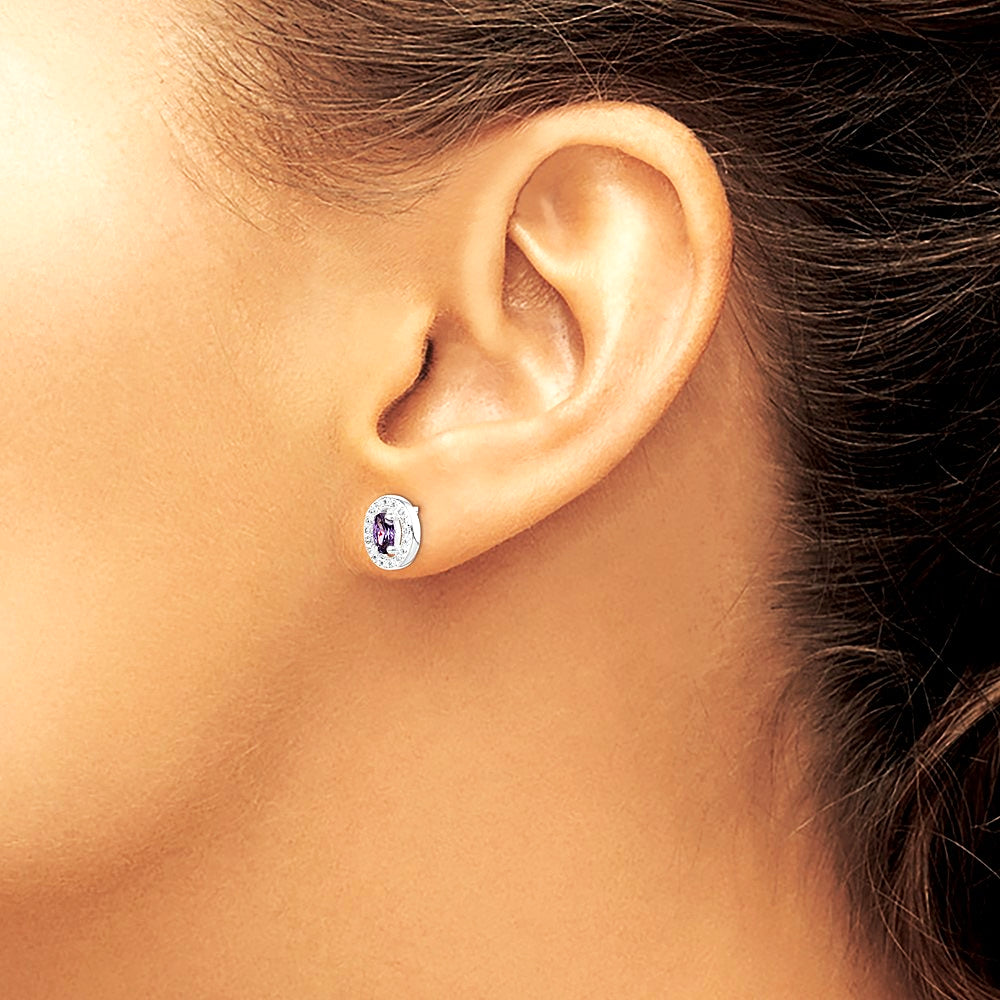 Sterling Silver Rhodium-plated w/ Purple and White CZ Oval Stud Earrings - Product Photo
