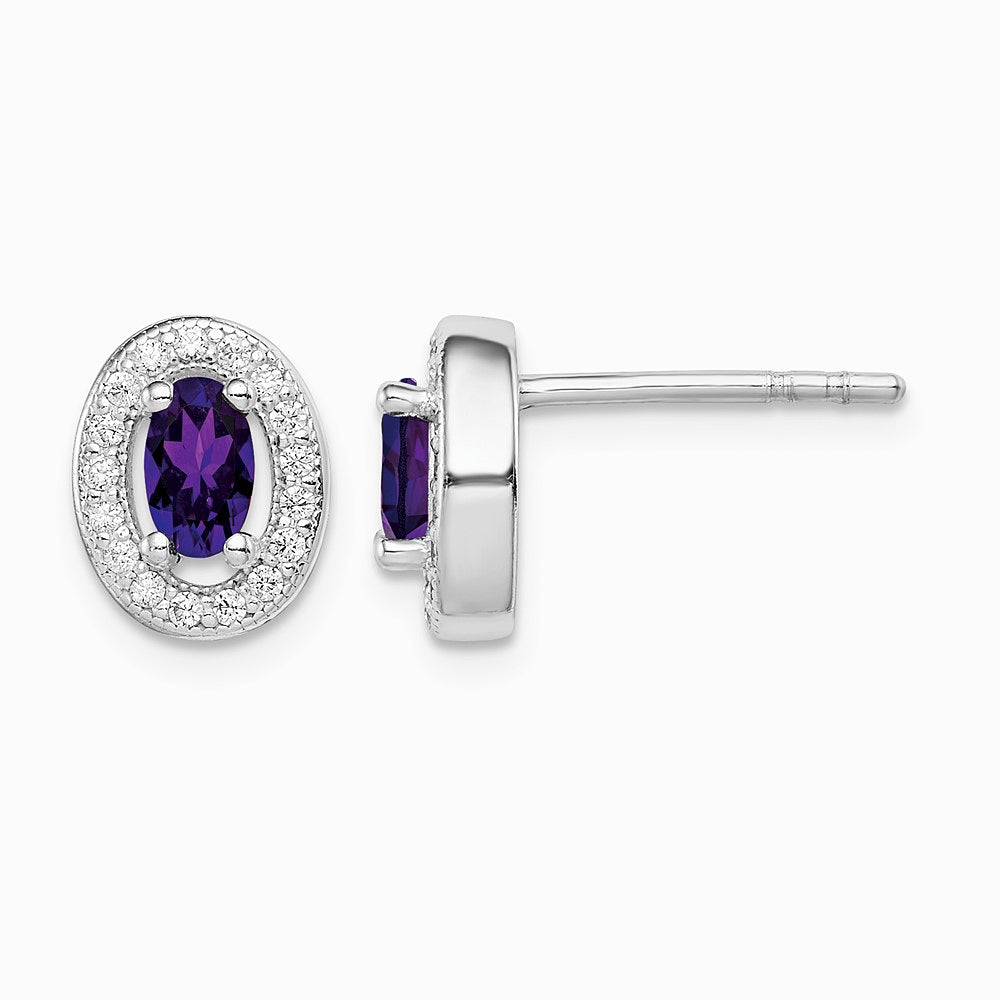 Sterling Silver Rhodium-plated w/ Purple and White CZ Oval Stud Earrings - Product Photo