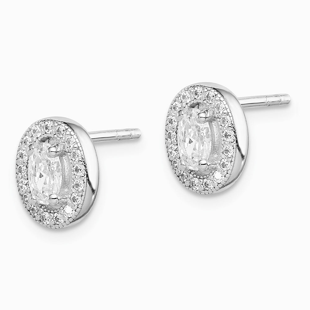 Sterling Silver Rhodium-plated w/ CZ Oval Stud Earrings - Product Photo