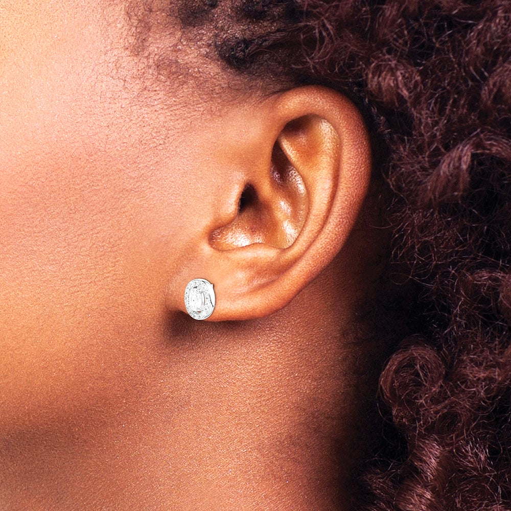 Sterling Silver Rhodium-plated w/ CZ Oval Stud Earrings - Product Photo