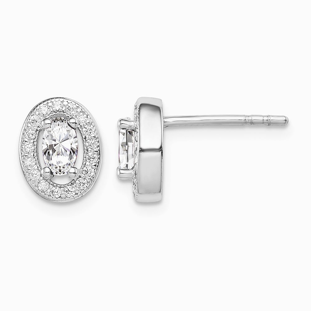 Sterling Silver Rhodium-plated w/ CZ Oval Stud Earrings - Product Photo