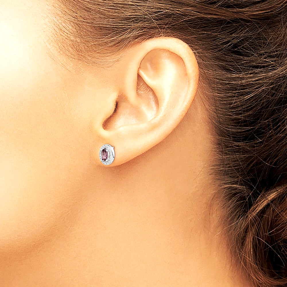 Sterling Silver Rhodium-pltd June Purple and White CZ Oval Post Earrings - Product Photo