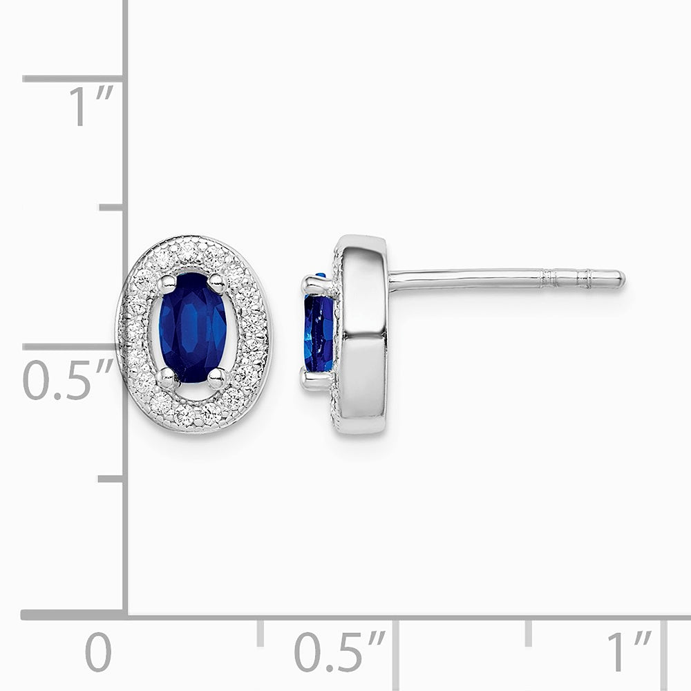 Sterling Silver Rhodium-plated Blue and White CZ Oval Stud Earrings - Product Photo