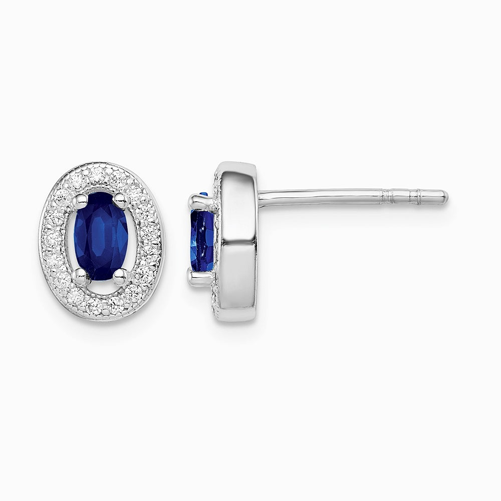 Sterling Silver Rhodium-plated Blue and White CZ Oval Stud Earrings - Product Photo