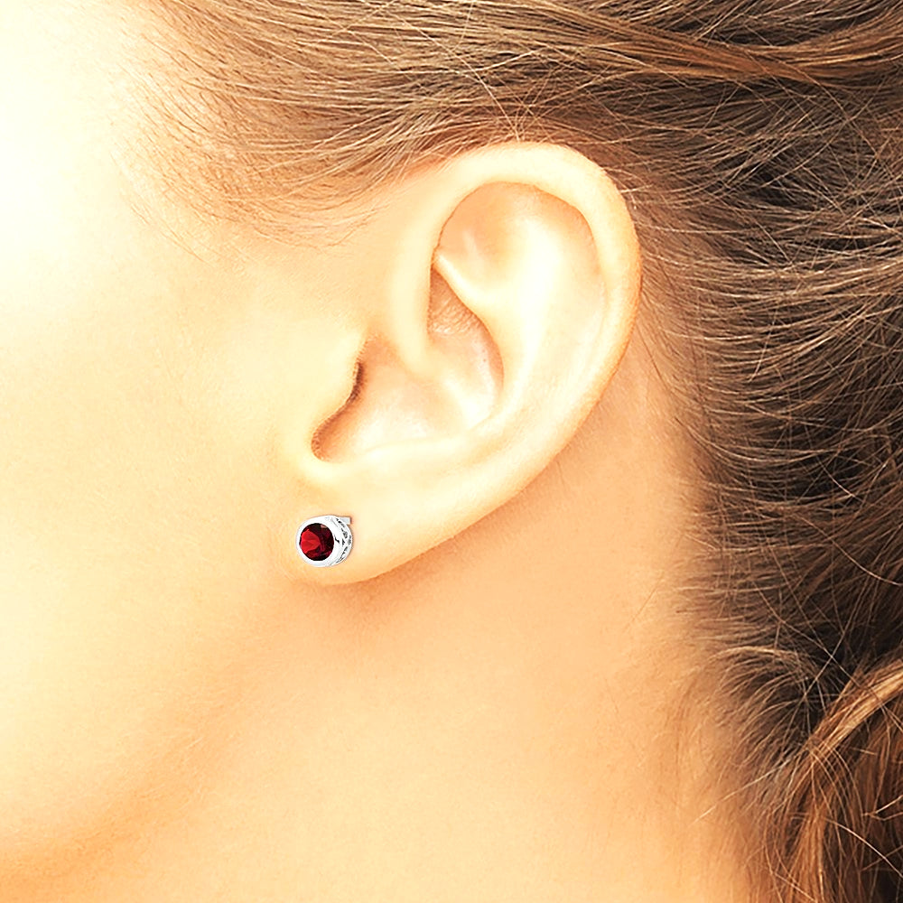 Sterling Silver Rhodium-plated Polished Garnet Round Post Earrings - Product Photo