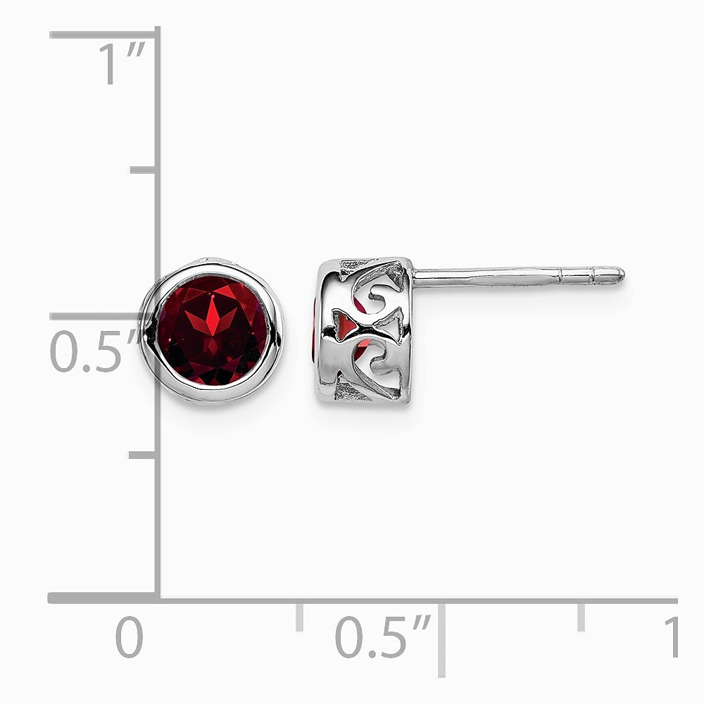 Sterling Silver Rhodium-plated Polished Garnet Round Post Earrings - Product Photo