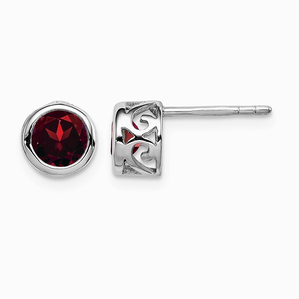 Sterling Silver Rhodium-plated Polished Garnet Round Post Earrings - Product Photo