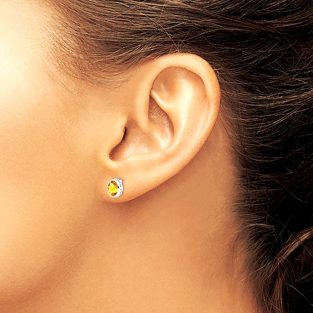 Sterling Silver Rhodium-plated Polished Citrine Oval Post Earrings - Product Photo