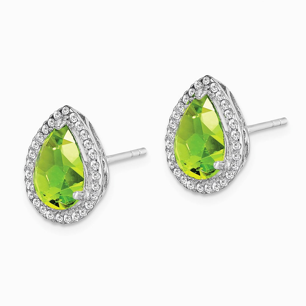 Sterling Silver Rhodium Polished Simulated Peridot & CZ Post Earrings - Product Photo