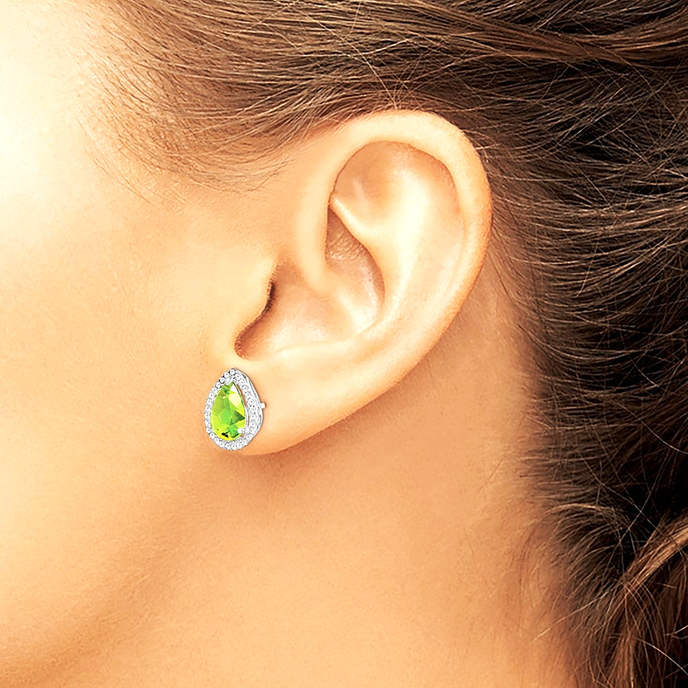 Sterling Silver Rhodium Polished Simulated Peridot & CZ Post Earrings - Product Photo