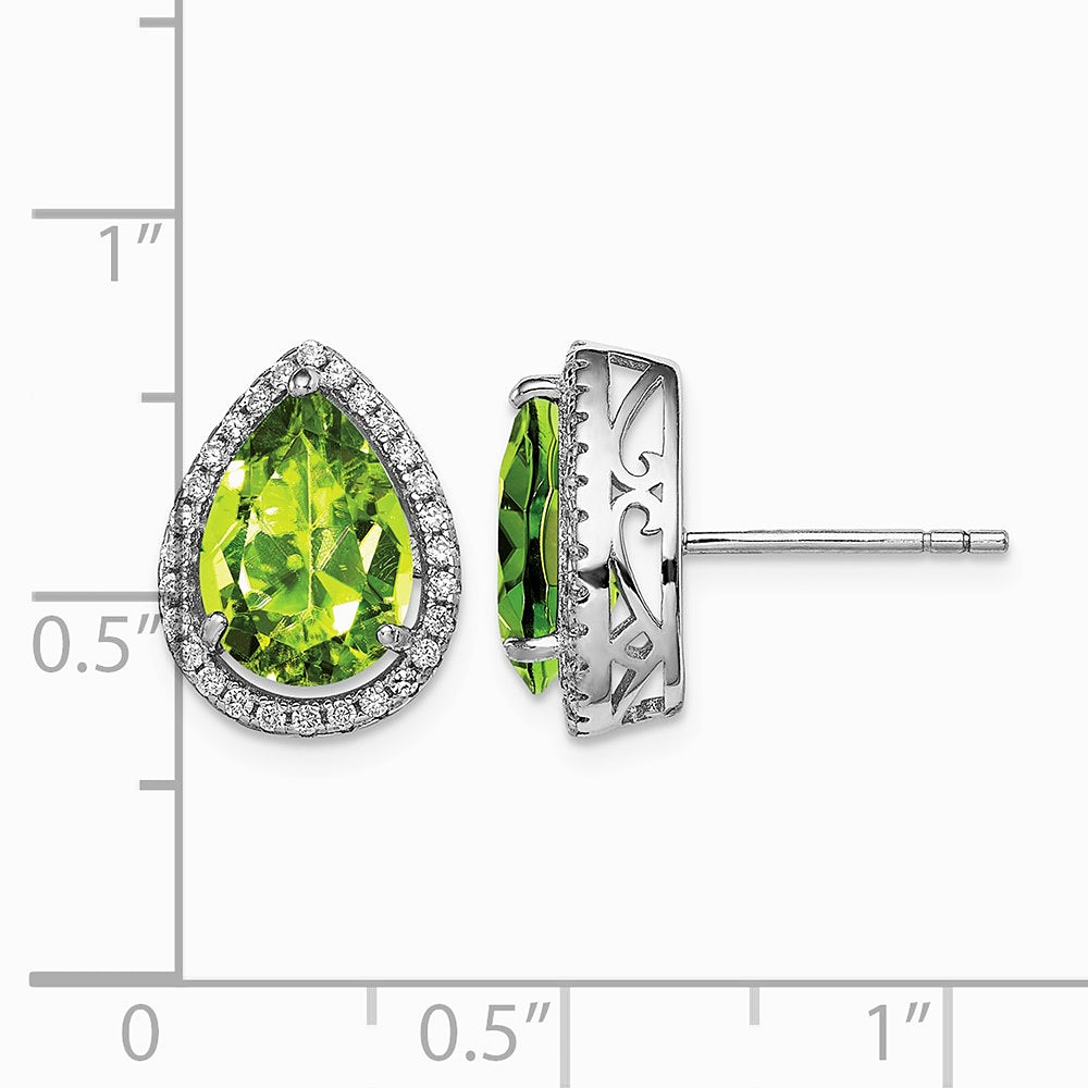 Sterling Silver Rhodium Polished Simulated Peridot & CZ Post Earrings - Product Photo