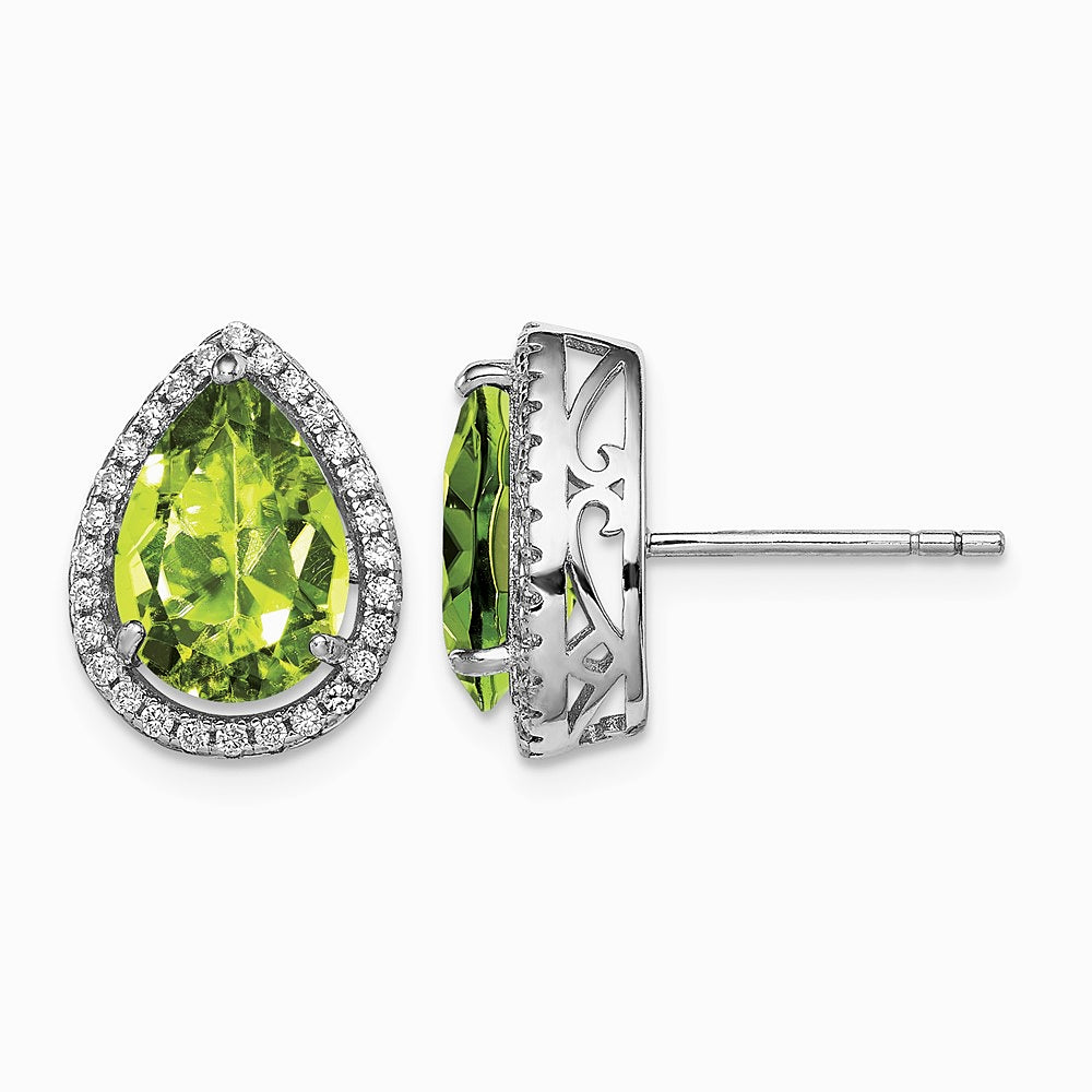 Sterling Silver Rhodium Polished Simulated Peridot & CZ Post Earrings - Product Photo