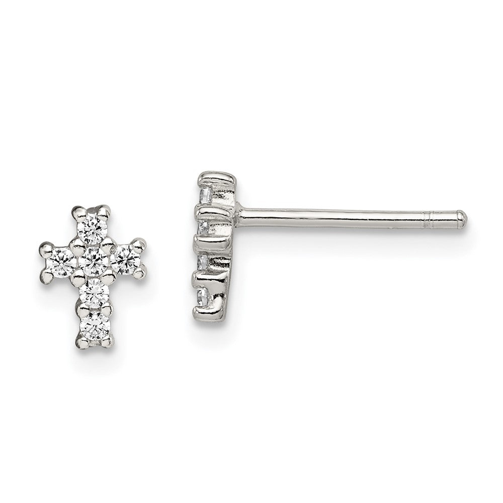 Sterling Silver Rhodium-plated Polished CZ Cross Post Earrings - Product Photo