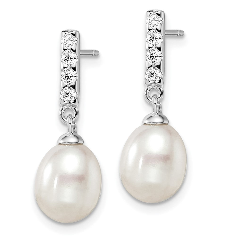 Sterling Silver Rhodium-plated 8-9mm White FWC Pearl CZ Post Earrings - Product Photo