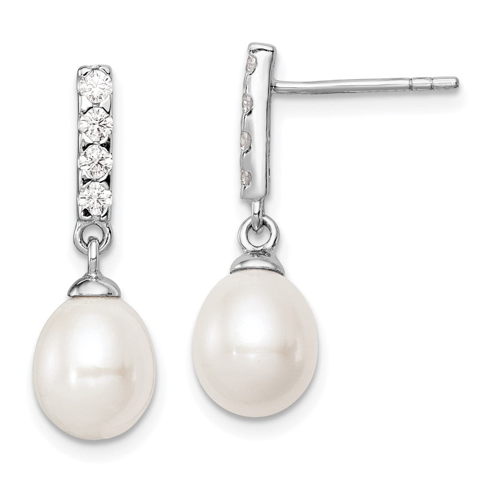 Sterling Silver Rhodium-plated 8-9mm White FWC Pearl CZ Post Earrings - Product Photo