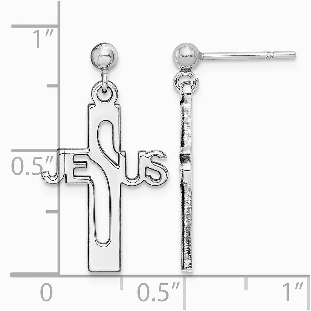 Sterling Silver Rhodium-plated Polished JESUS Cross Post Dangle Earrings - Product Photo