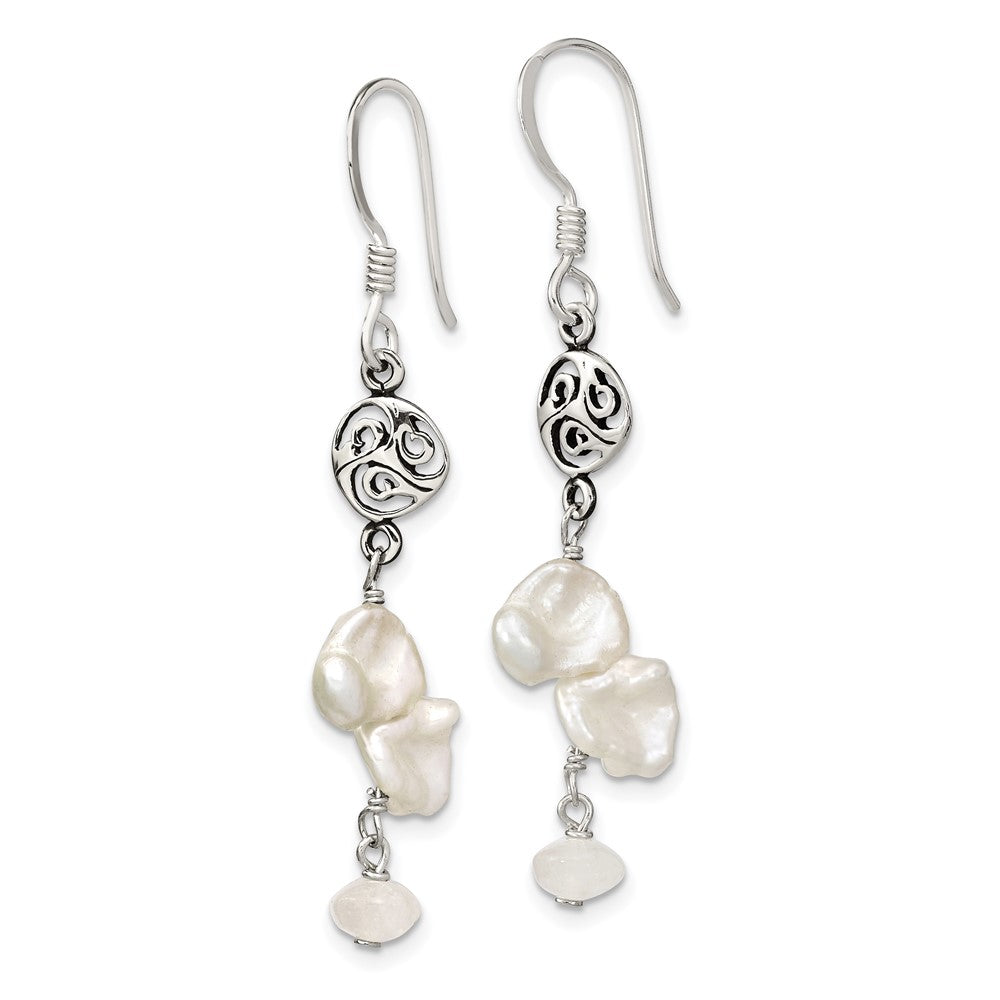 Sterling Silver Polished FWC Pearl & Moonstone Dangle Earrings - Product Photo