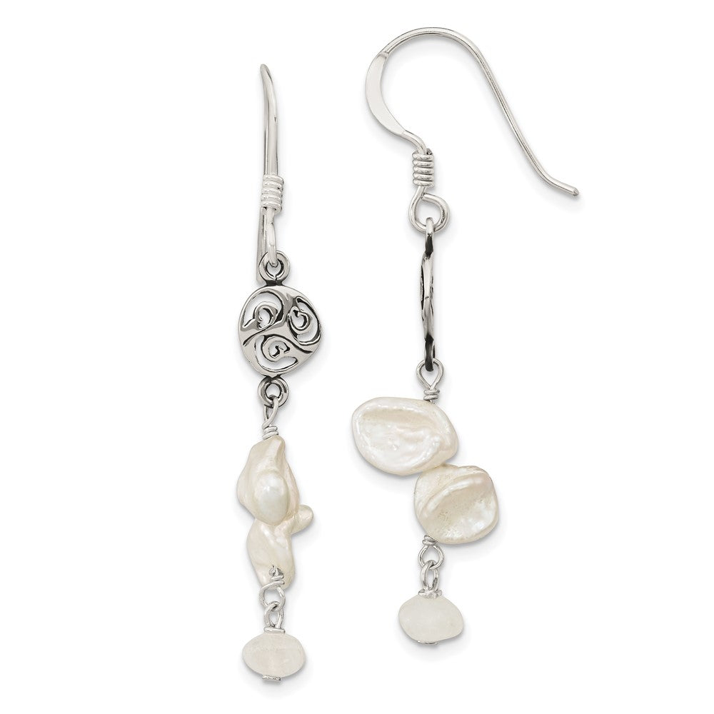 Sterling Silver Polished FWC Pearl & Moonstone Dangle Earrings