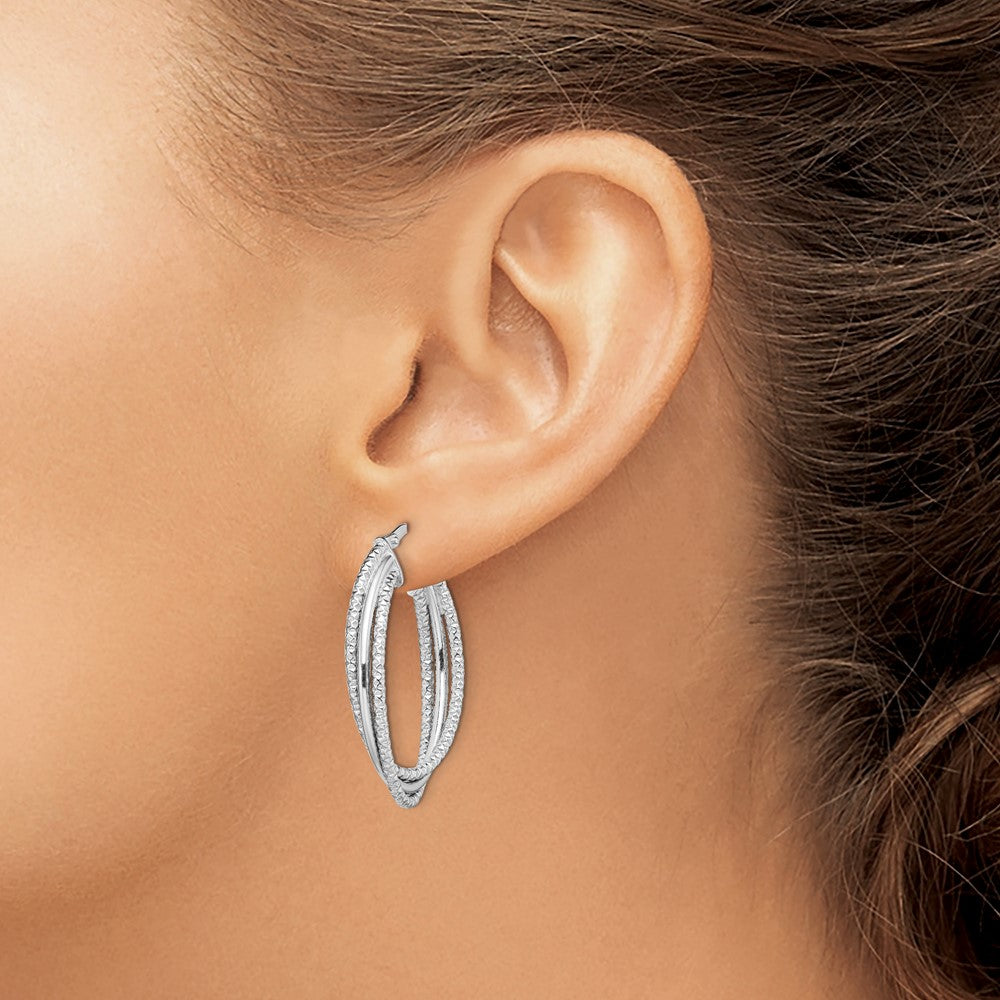 Sterling Silver Rhodium-plated Polished and Textured Triple Hoops - Product Photo