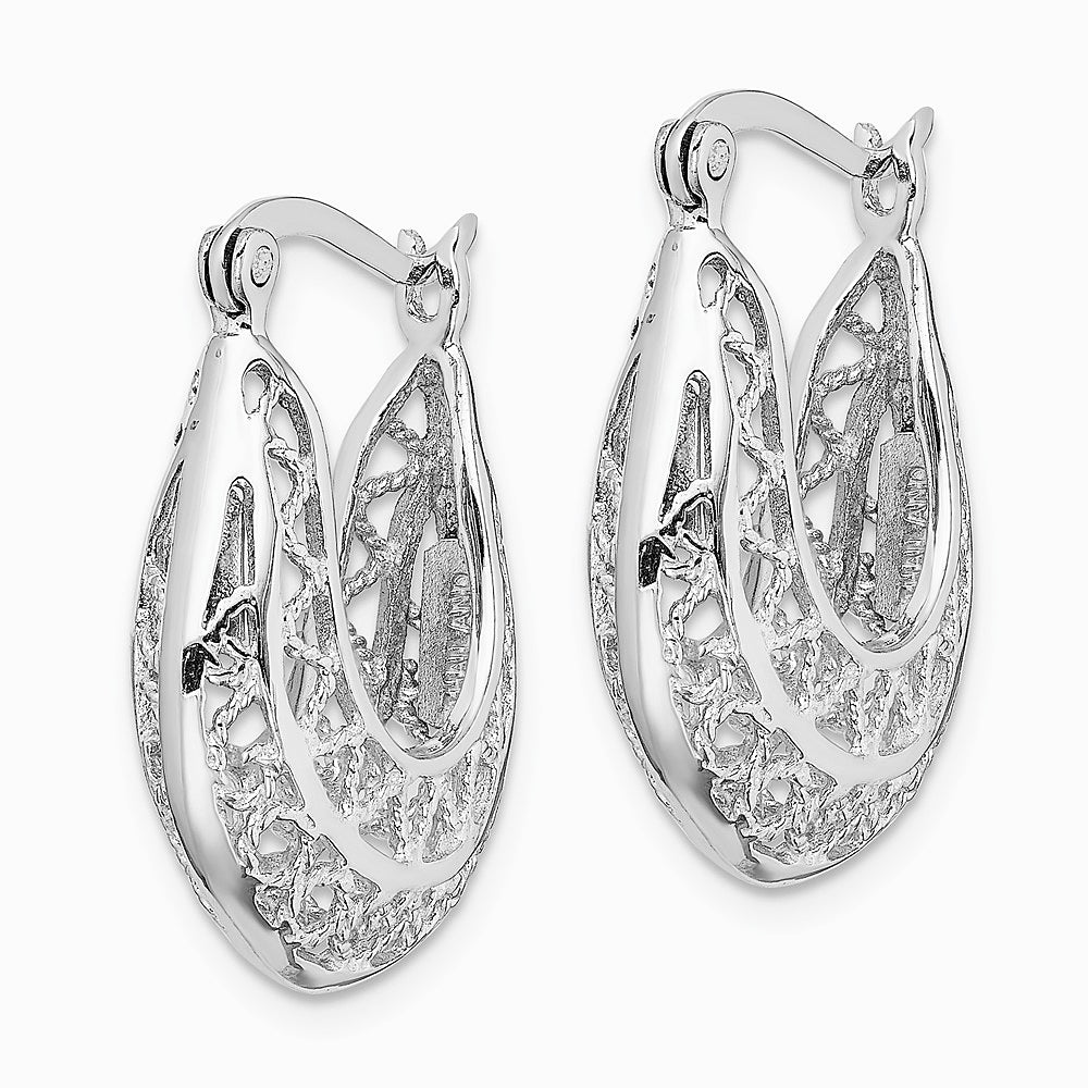 Sterling Silver Rhodium-plated Polished & Filigree Hoop Earrings - Product Photo