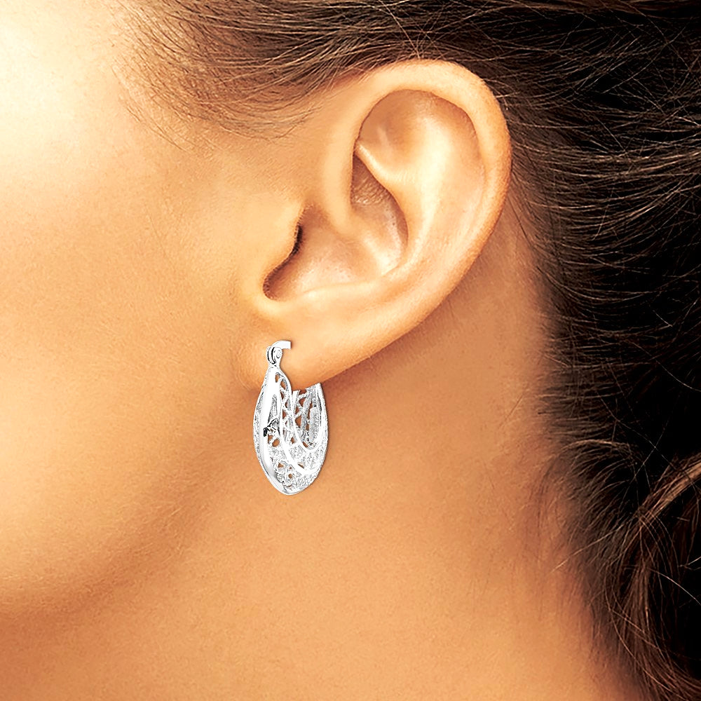 Sterling Silver Rhodium-plated Polished & Filigree Hoop Earrings - Product Photo