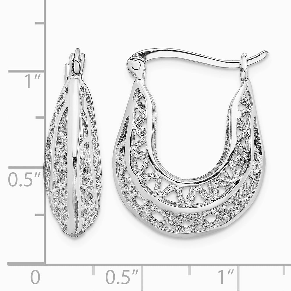 Sterling Silver Rhodium-plated Polished & Filigree Hoop Earrings - Product Photo