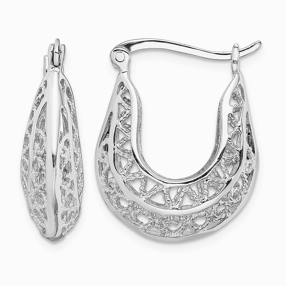 Sterling Silver Rhodium-plated Polished & Filigree Hoop Earrings - Product Photo