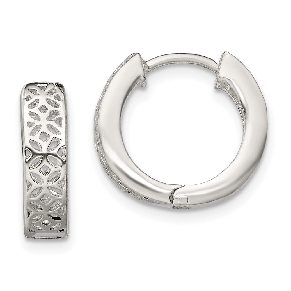 Sterling Silver Polished Cut-out Design Hinged Hoop Earrings - Product Photo