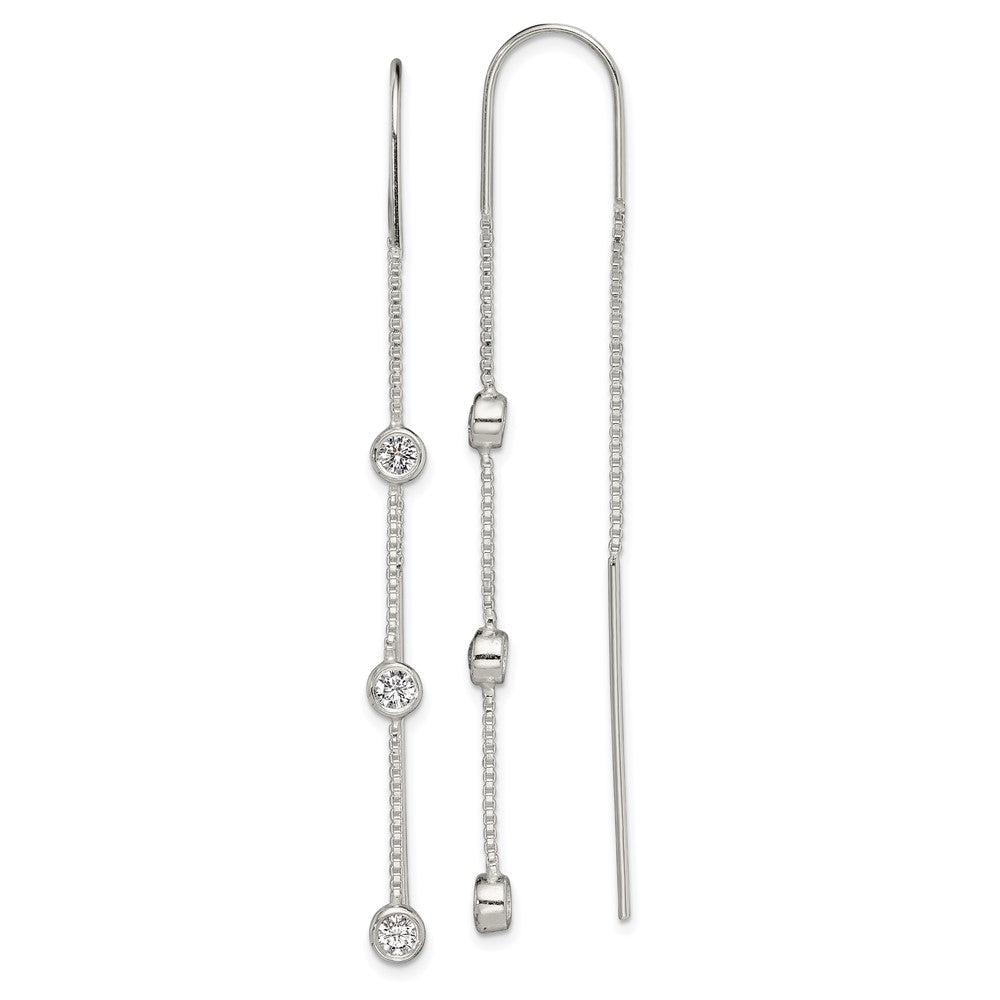 Sterling Silver Polished 3 Bezel Set CZs Threader Earrings - Product Photo
