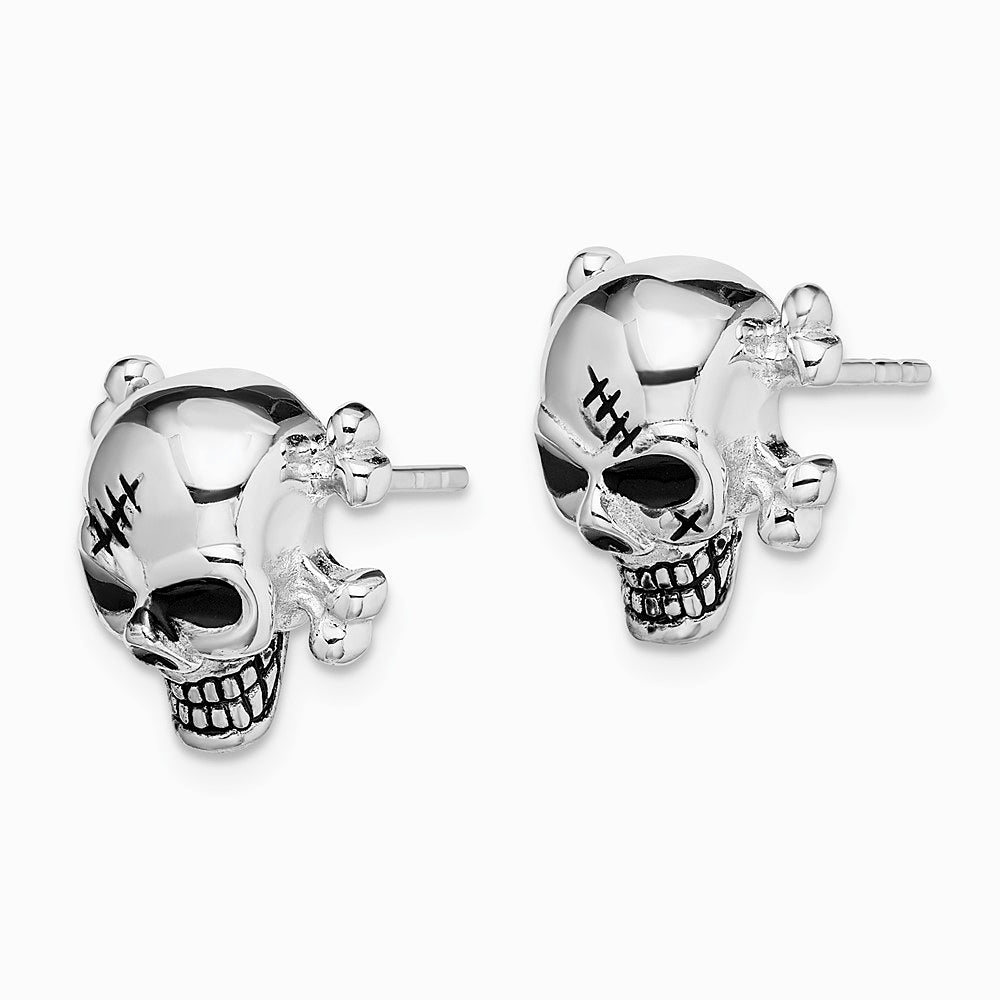 Sterling Silver Rhodium-plated Antiqued Enameled Skull Post Earrings - Product Photo