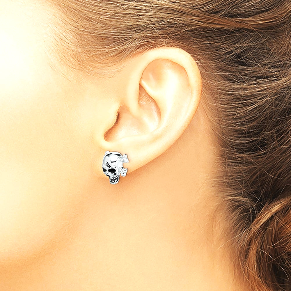 Sterling Silver Rhodium-plated Antiqued Enameled Skull Post Earrings - Product Photo